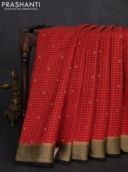 Pure mysore silk saree red and deep coffee brown with allover zari checks & buttas and zari woven border