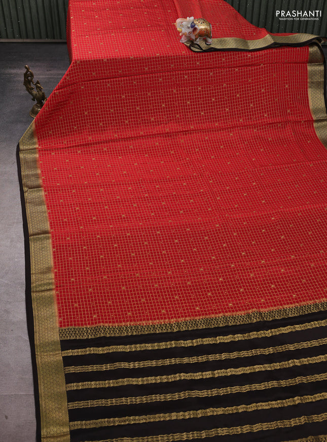 Pure mysore silk saree red and deep coffee brown with allover zari checks & buttas and zari woven border