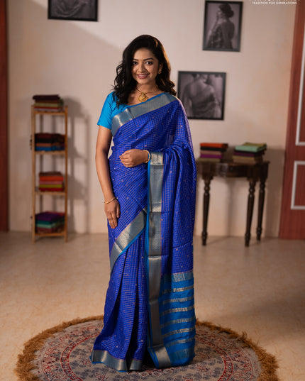 Pure mysore silk saree royal blue and cs blue with allover zari checks & buttas and zari woven border