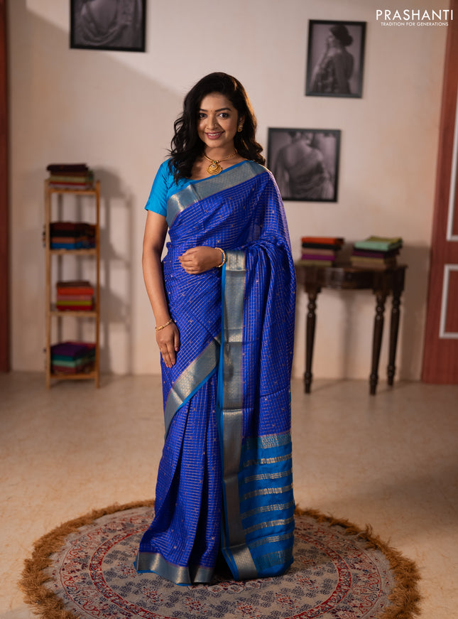 Pure mysore silk saree royal blue and cs blue with allover zari checks & buttas and zari woven border