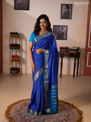 Pure mysore silk saree royal blue and cs blue with allover zari checks & buttas and zari woven border