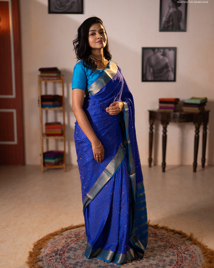 Pure mysore silk saree royal blue and cs blue with allover zari checks & buttas and zari woven border