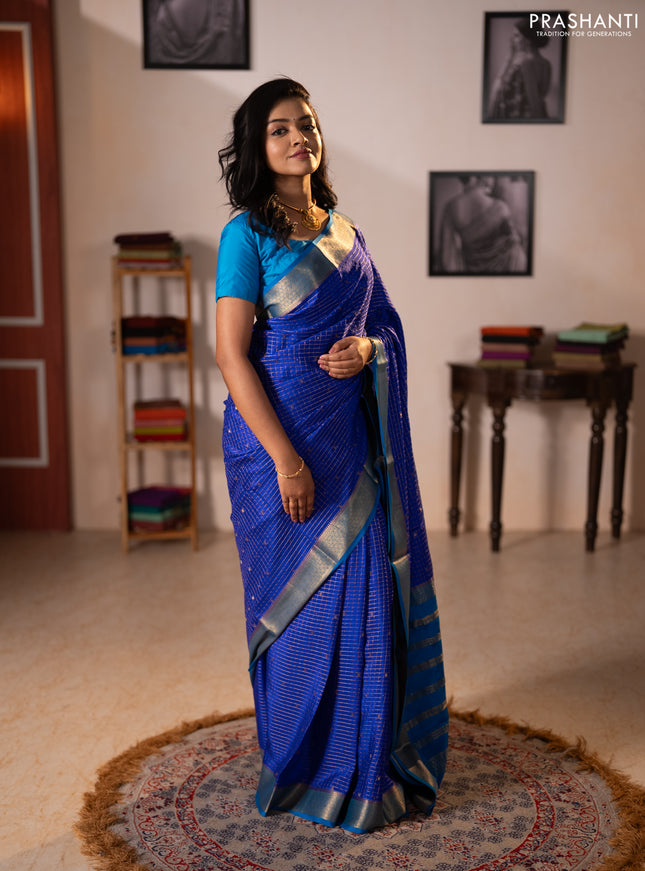 Pure mysore silk saree royal blue and cs blue with allover zari checks & buttas and zari woven border