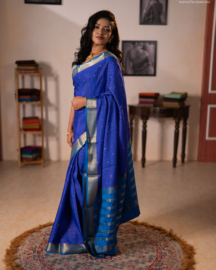 Pure mysore silk saree royal blue and cs blue with allover zari checks & buttas and zari woven border