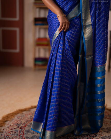 Pure mysore silk saree royal blue and cs blue with allover zari checks & buttas and zari woven border