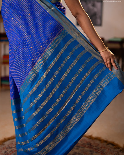 Pure mysore silk saree royal blue and cs blue with allover zari checks & buttas and zari woven border