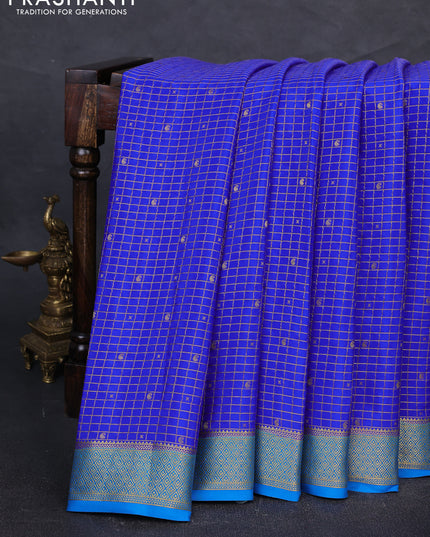 Pure mysore silk saree royal blue and cs blue with allover zari checks & buttas and zari woven border