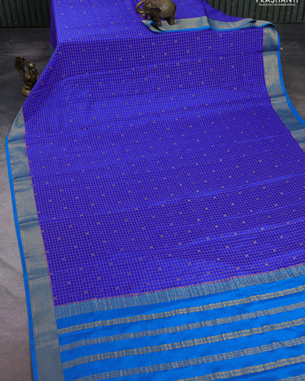 Pure mysore silk saree royal blue and cs blue with allover zari checks & buttas and zari woven border