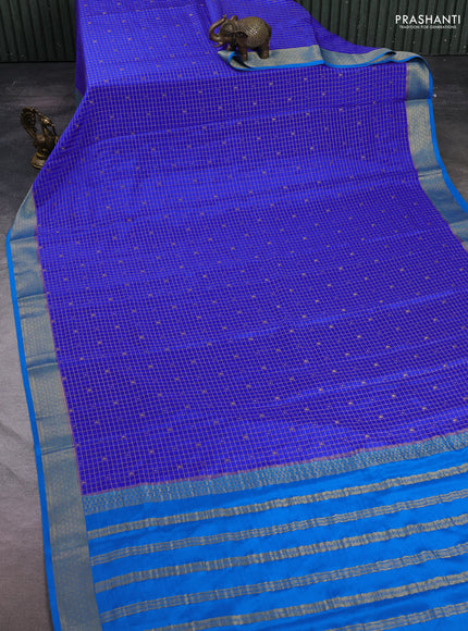 Pure mysore silk saree royal blue and cs blue with allover zari checks & buttas and zari woven border