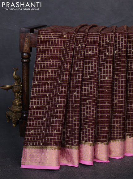 Pure mysore silk saree coffee brown and light pink with allover zari checks & buttas and zari woven border