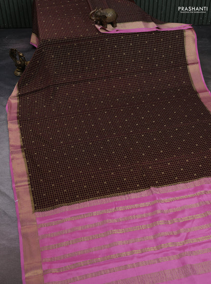 Pure mysore silk saree coffee brown and light pink with allover zari checks & buttas and zari woven border