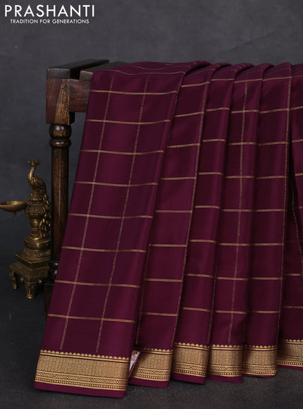 Pure mysore silk saree deep purple with allover zari woven checked pattern and zari woven border