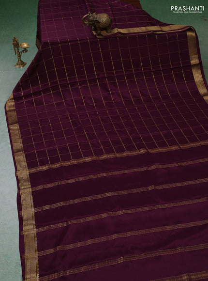 Pure mysore silk saree deep purple with allover zari woven checked pattern and zari woven border