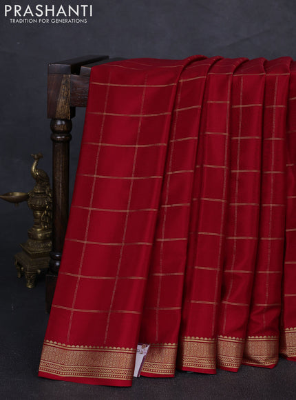 Pure mysore silk saree kumkum red with allover zari woven checked pattern and zari woven border