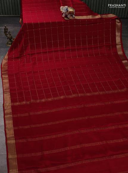 Pure mysore silk saree kumkum red with allover zari woven checked pattern and zari woven border