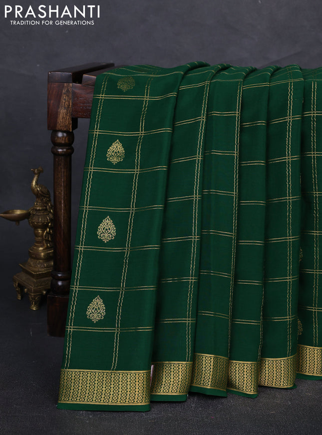 Pure mysore silk saree bottle green with allover zari checks & buttas and zari woven border