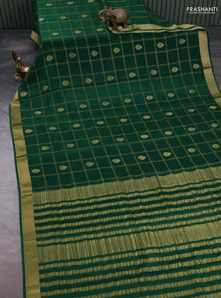 Pure mysore silk saree bottle green with allover zari checks & buttas and zari woven border