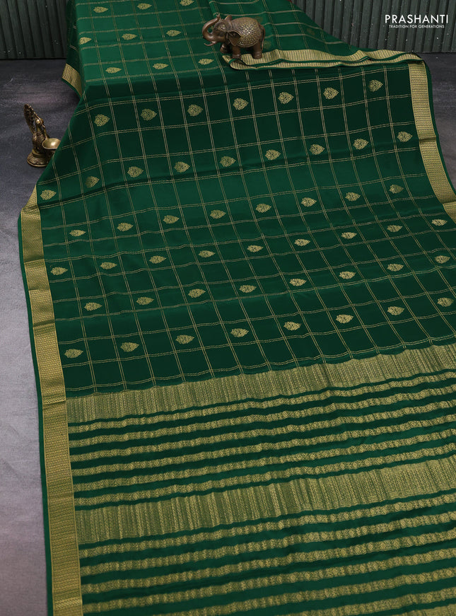 Pure mysore silk saree bottle green with allover zari checks & buttas and zari woven border
