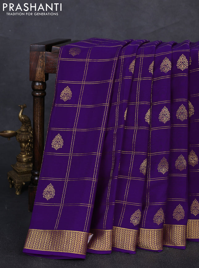 Pure mysore silk saree purple with allover zari checks & buttas and zari woven border