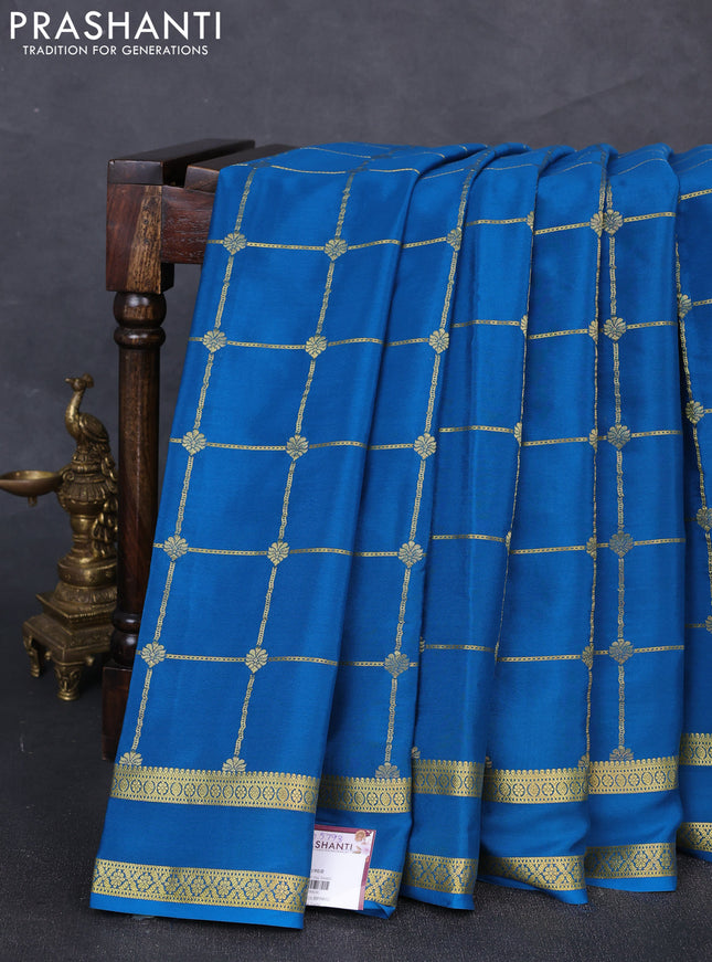 Pure mysore silk saree cs blue with allover zari woven checked pattern and rettapet zari woven border