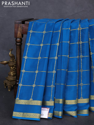 Pure mysore silk saree cs blue with allover zari woven checked pattern and rettapet zari woven border