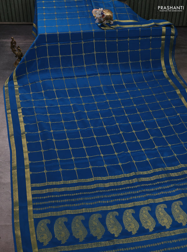 Pure mysore silk saree cs blue with allover zari woven checked pattern and rettapet zari woven border