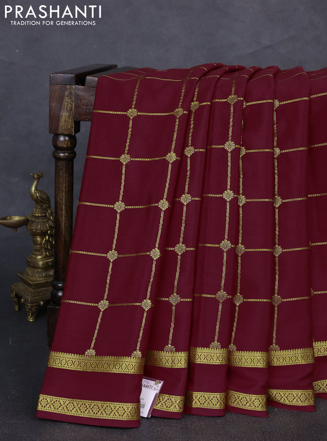 Pure mysore silk saree maroon with allover zari woven checked pattern and rettapet zari woven border