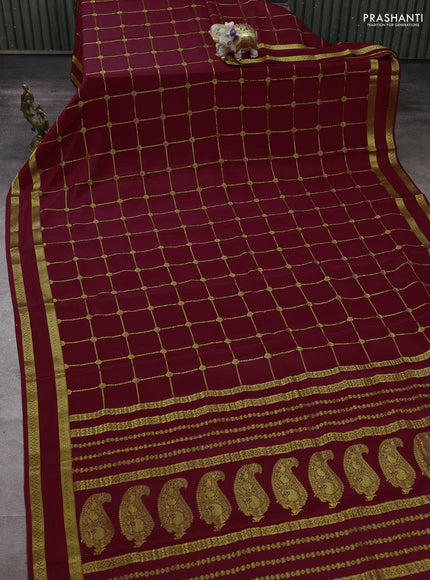 Pure mysore silk saree maroon with allover zari woven checked pattern and rettapet zari woven border