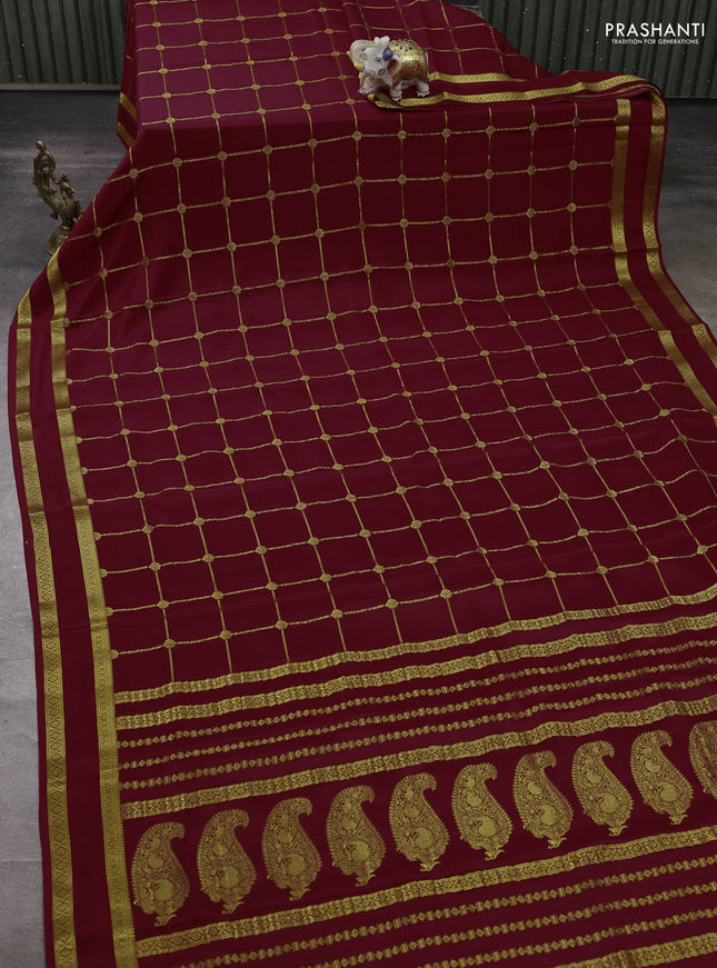 Pure mysore silk saree maroon with allover zari woven checked pattern and rettapet zari woven border