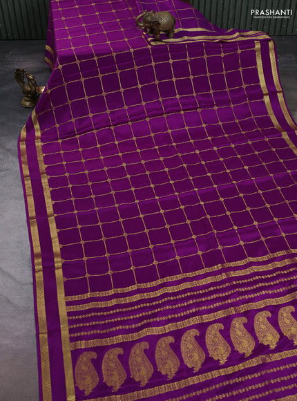 Pure mysore silk saree purple with allover zari woven checked pattern and rettapet zari woven border