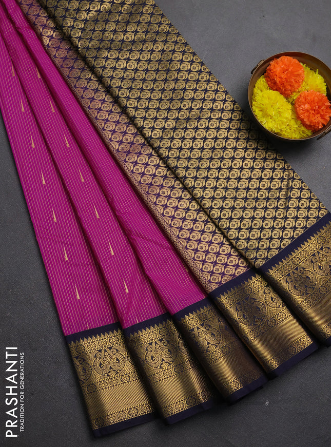 Semi kanchipuram silk saree pink and navy blue with allvoer stripes & buttas and zari woven korvai border