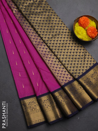 Semi kanchipuram silk saree pink and navy blue with allvoer stripes & buttas and zari woven korvai border
