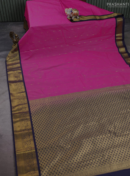Semi kanchipuram silk saree pink and navy blue with allvoer stripes & buttas and zari woven korvai border