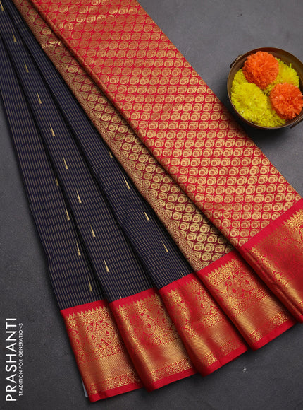 Semi kanchipuram silk saree navy blue and red with allvoer stripes & buttas and zari woven korvai border