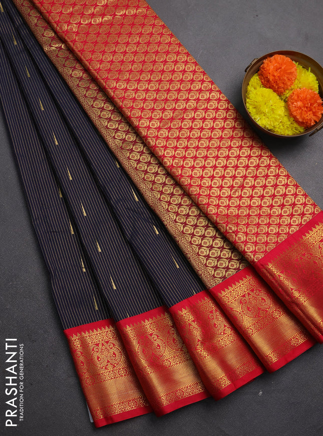 Semi kanchipuram silk saree navy blue and red with allvoer stripes & buttas and zari woven korvai border
