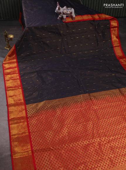 Semi kanchipuram silk saree navy blue and red with allvoer stripes & buttas and zari woven korvai border
