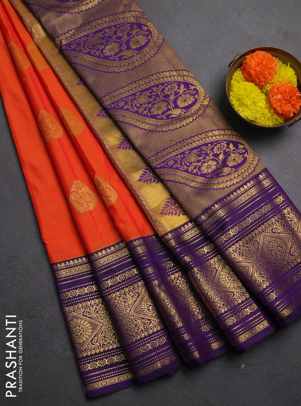 Semi kanchipuram silk saree orange and purple with zari woven buttas and long zari woven korvai border