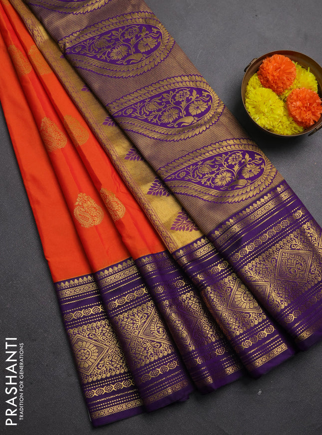 Semi kanchipuram silk saree orange and purple with zari woven buttas and long zari woven korvai border