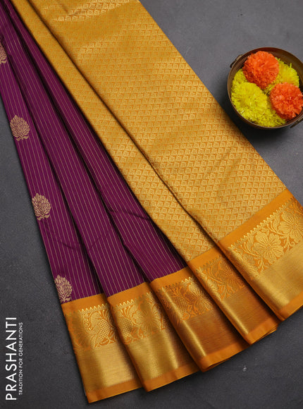 Semi kanchipuram silk saree wine shade and mustard yellow with allover zari stripes & buttas and zari woven border