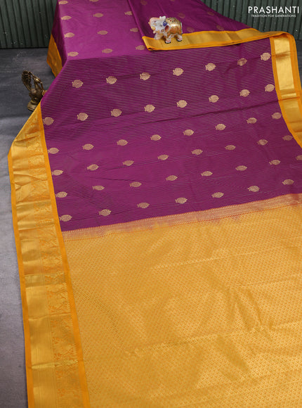 Semi kanchipuram silk saree wine shade and mustard yellow with allover zari stripes & buttas and zari woven border