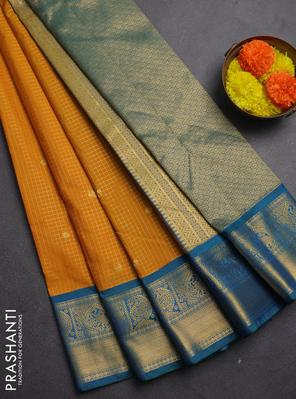 Semi kanchipuram silk saree mustard yellow and teal green with allover zari checks & buttas and zari woven border