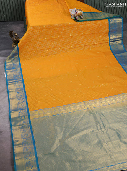 Semi kanchipuram silk saree mustard yellow and teal green with allover zari checks & buttas and zari woven border