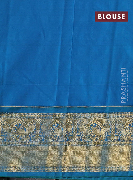 Semi kanchipuram silk saree mustard yellow and teal green with allover zari checks & buttas and zari woven border