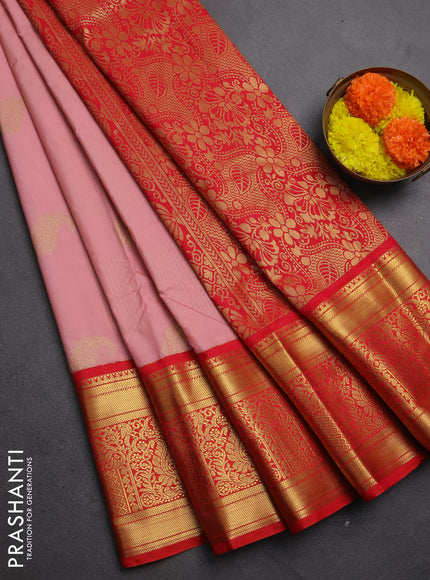 Semi kanchipuram silk saree peach pink and red with allover zari weaves & buttas and long rich zari woven korvai border