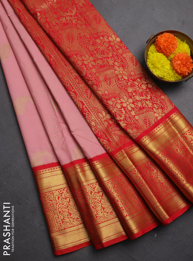 Semi kanchipuram silk saree peach pink and red with allover zari weaves & buttas and long rich zari woven korvai border