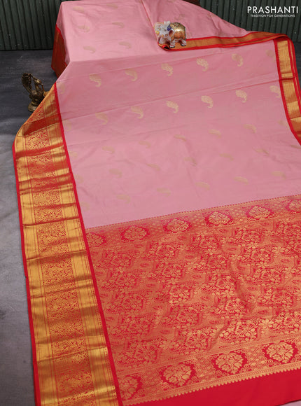 Semi kanchipuram silk saree peach pink and red with allover zari weaves & buttas and long rich zari woven korvai border