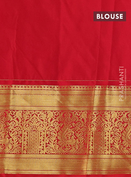 Semi kanchipuram silk saree peach pink and red with allover zari weaves & buttas and long rich zari woven korvai border