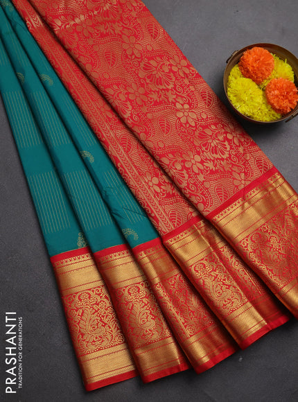 Semi kanchipuram silk saree teal green and red with allover zari weaves & buttas and long rich zari woven korvai border