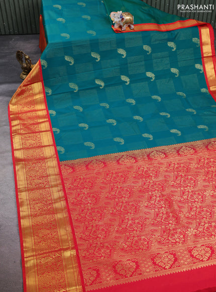 Semi kanchipuram silk saree teal green and red with allover zari weaves & buttas and long rich zari woven korvai border