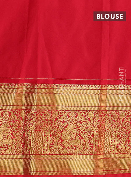 Semi kanchipuram silk saree dark mustard and red with allover zari weaves & buttas and long rich zari woven korvai border